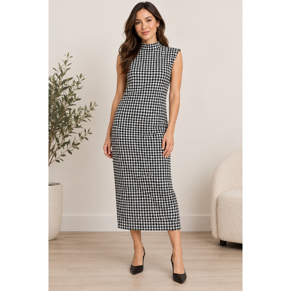 YOZY Black White Houndstooth Mock Neck Sleeveless Midi Dress Size L